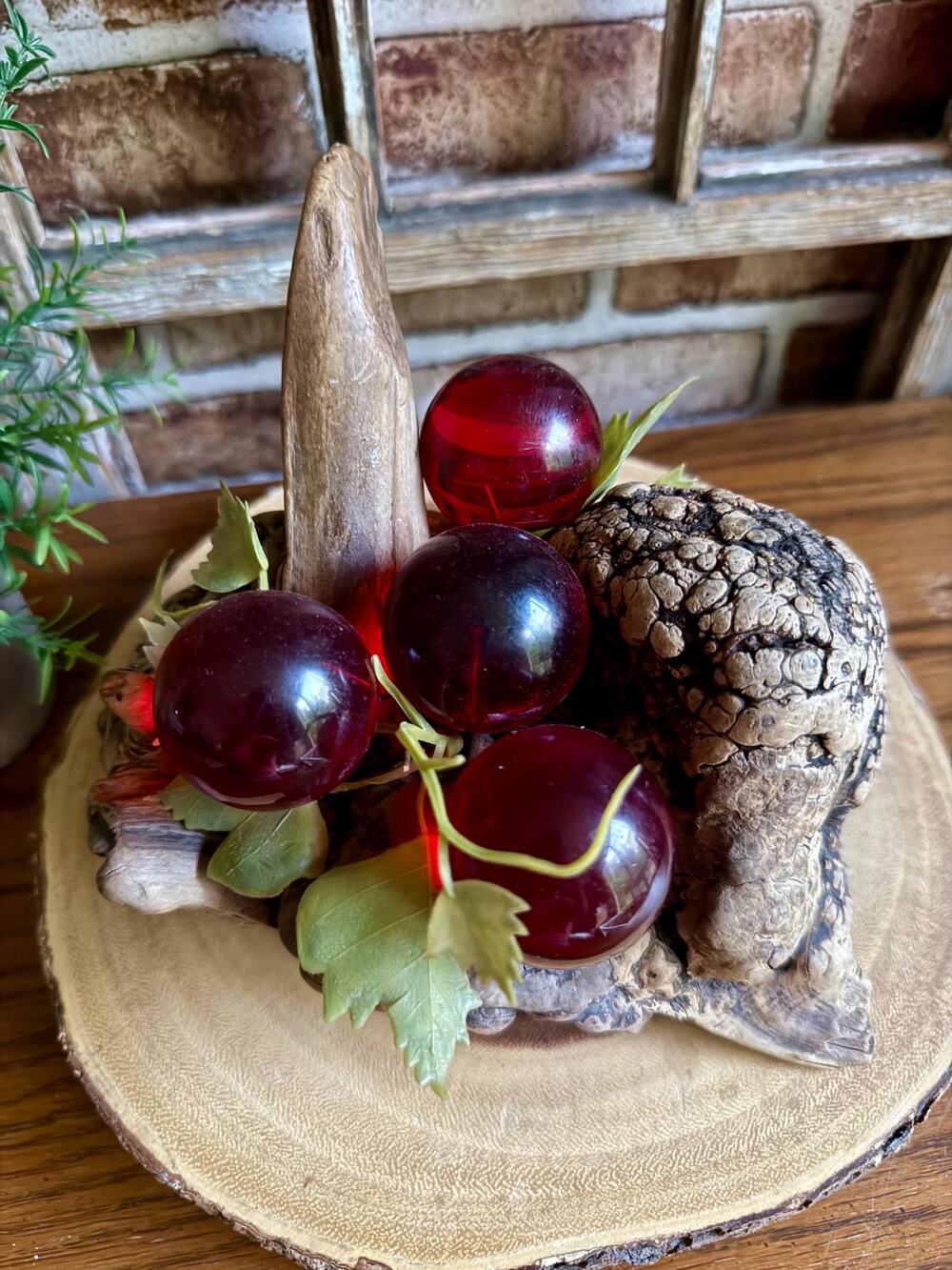 Lucite Red Grape Cluster Sculpture on Burlwood Base